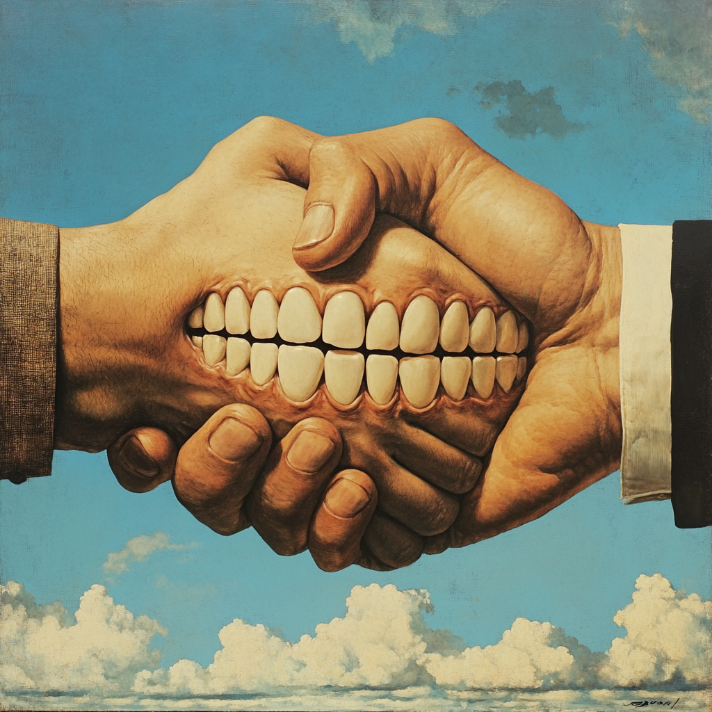 agenceoko_Two_teeth_shaking_hands_magritte_style_11746d2e-ae36-434e-a7c3-863690ad8771.png
