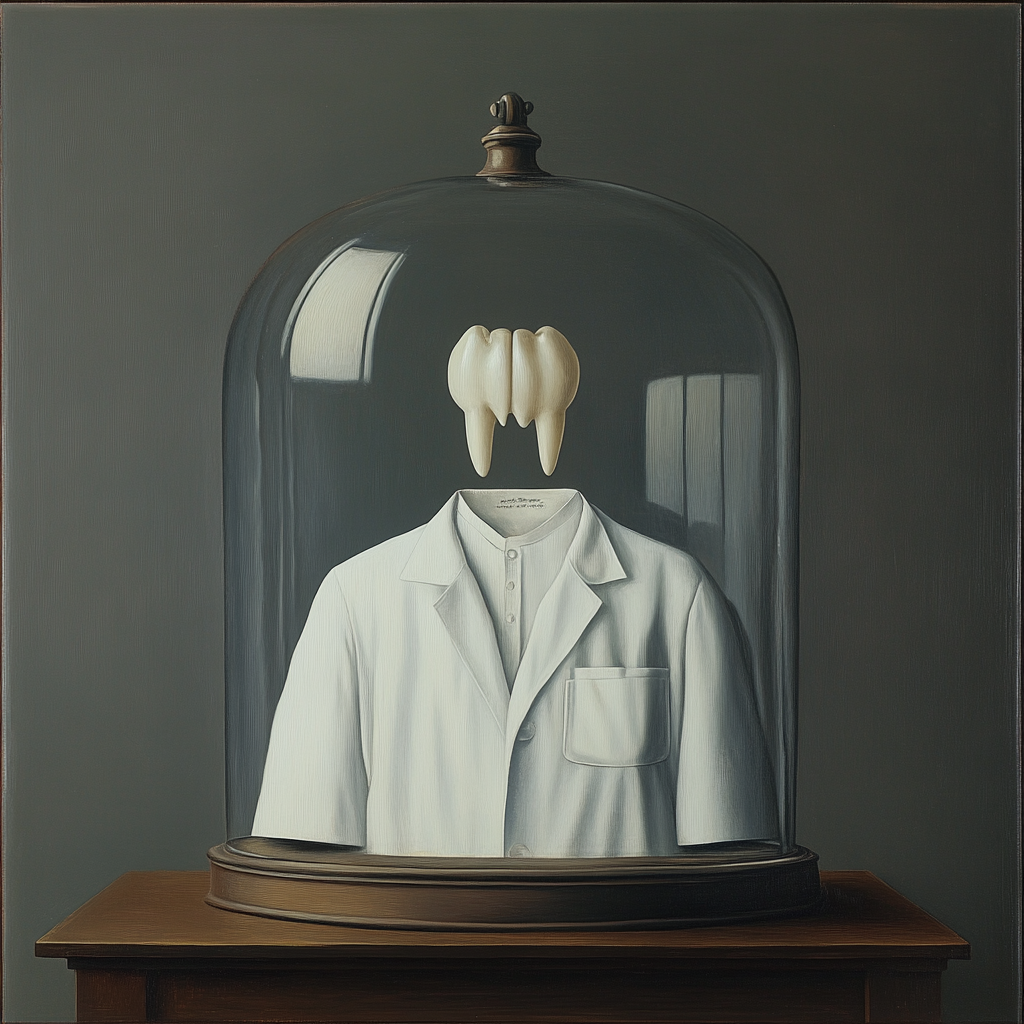 agenceoko_dentist_white_coat_under_glass_bell_magritte_style_bb0986db-eb82-409b-b8a9-32937d422537.png