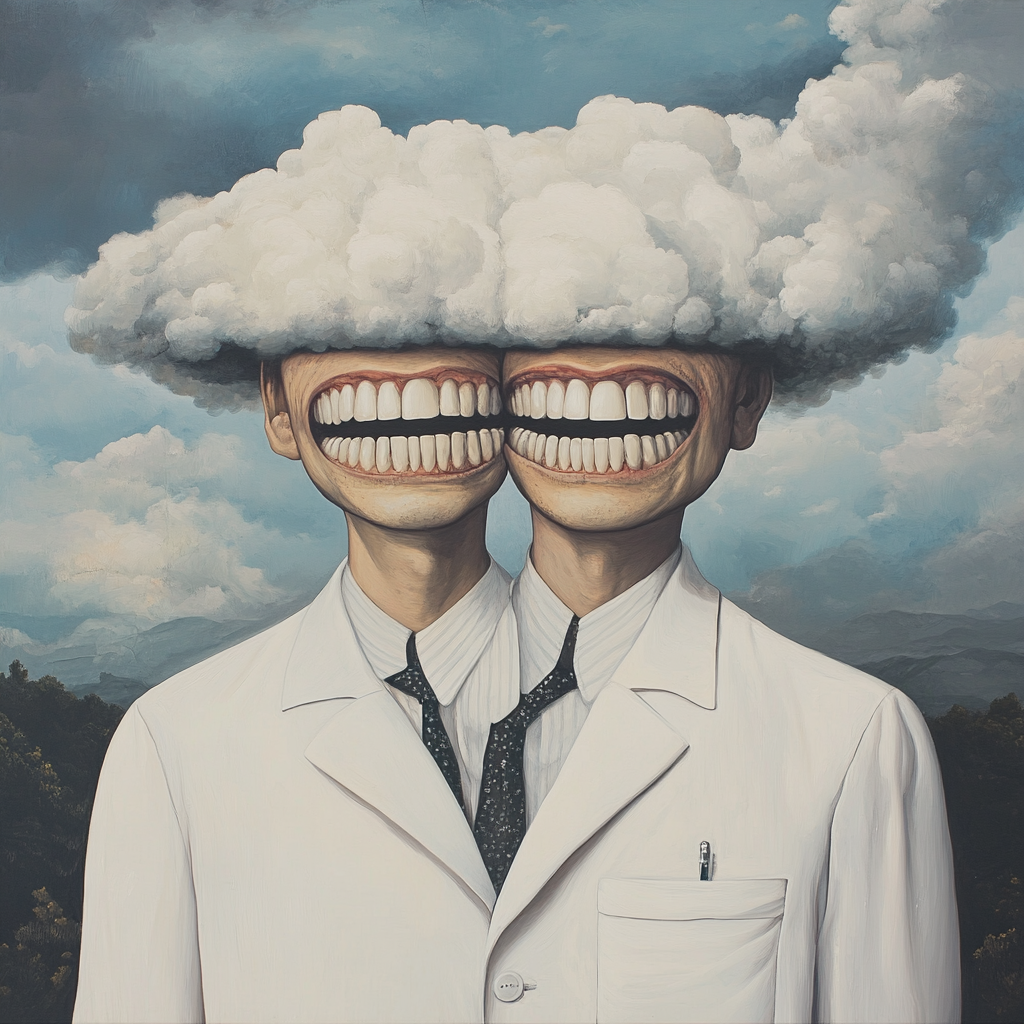 agenceoko_dentist_white_coat_with_two_faces_magritte_style_09379bb2-7bd6-406b-bc07-b92aa195c91d.png