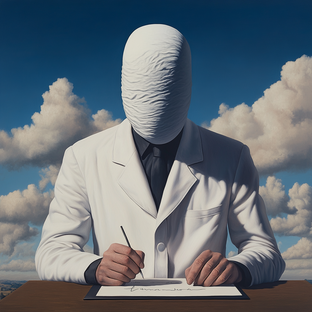 agenceoko_paper_contract_writing_white_coat_magritte_style_d11bb5bb-ba64-41ab-82fc-9592346295e4.png