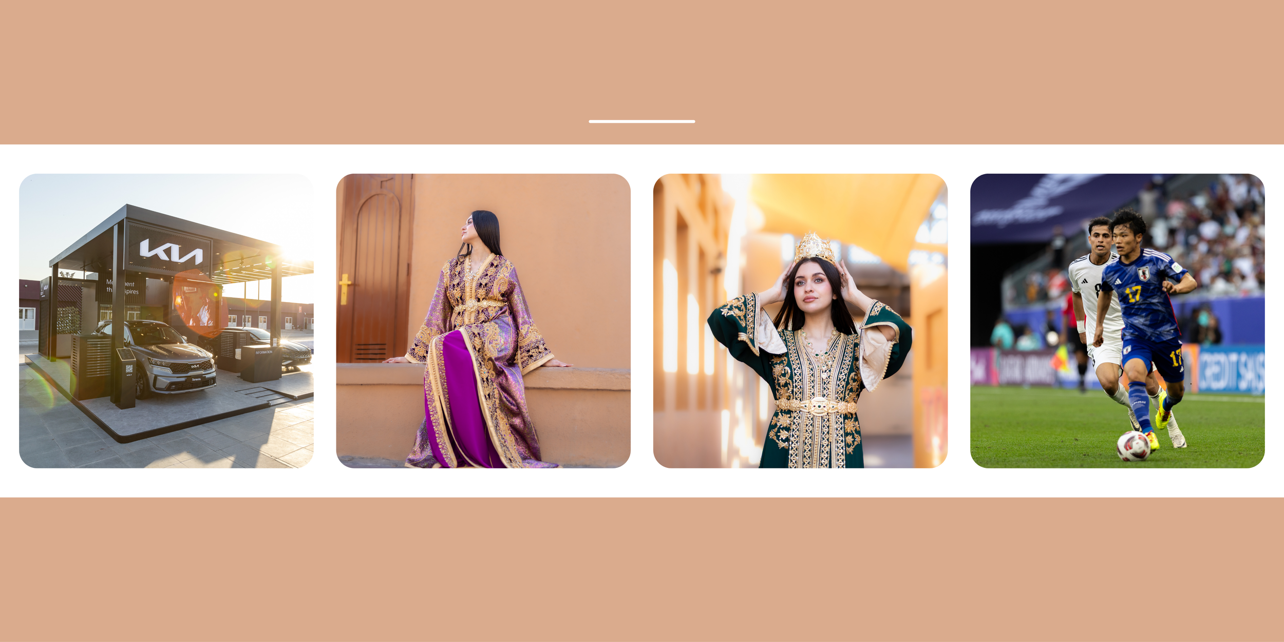 A collage of four images featuring a Kia car at a dealership, a woman in traditional clothing sitting on a ledge, another woman in intricate traditional attire with a crown, and two soccer players competing in a game.
