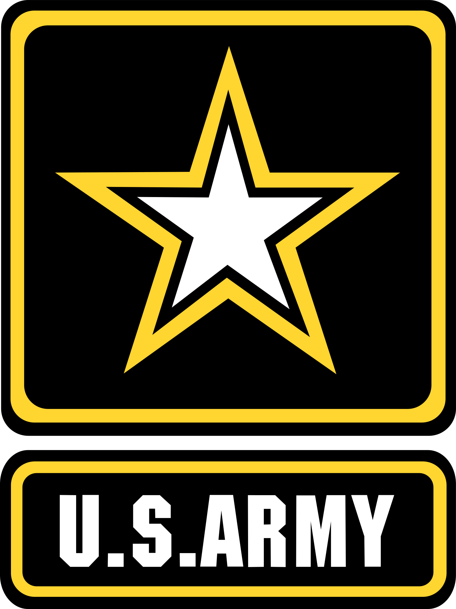 U.S. Army logo featuring a black square with rounded corners, a yellow border, a white star outlined in black, and the text "U.S. ARMY" in white capital letters on a black background.
