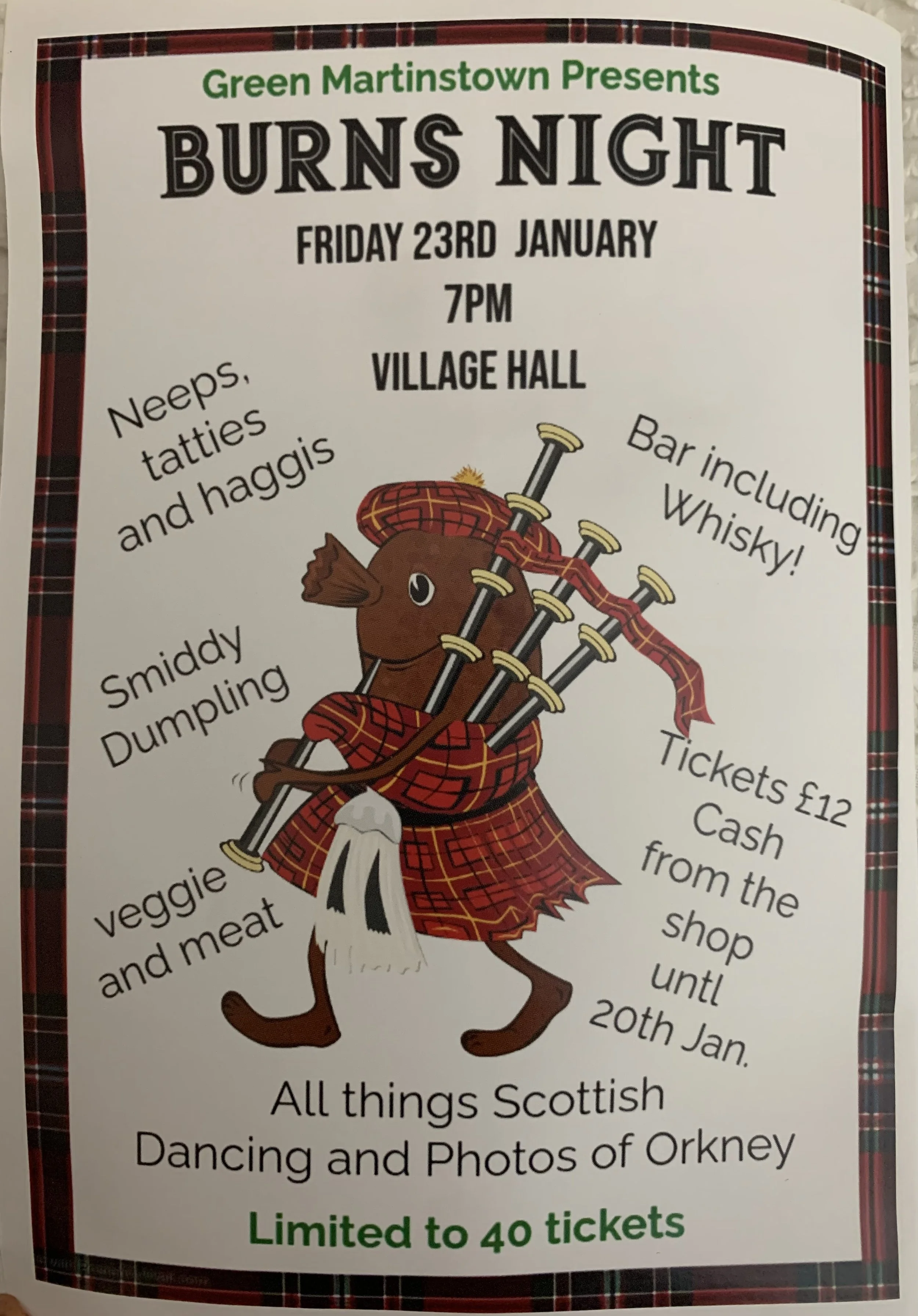 Join us for our Burns Night Celebration at the Martinstown Village Hall   