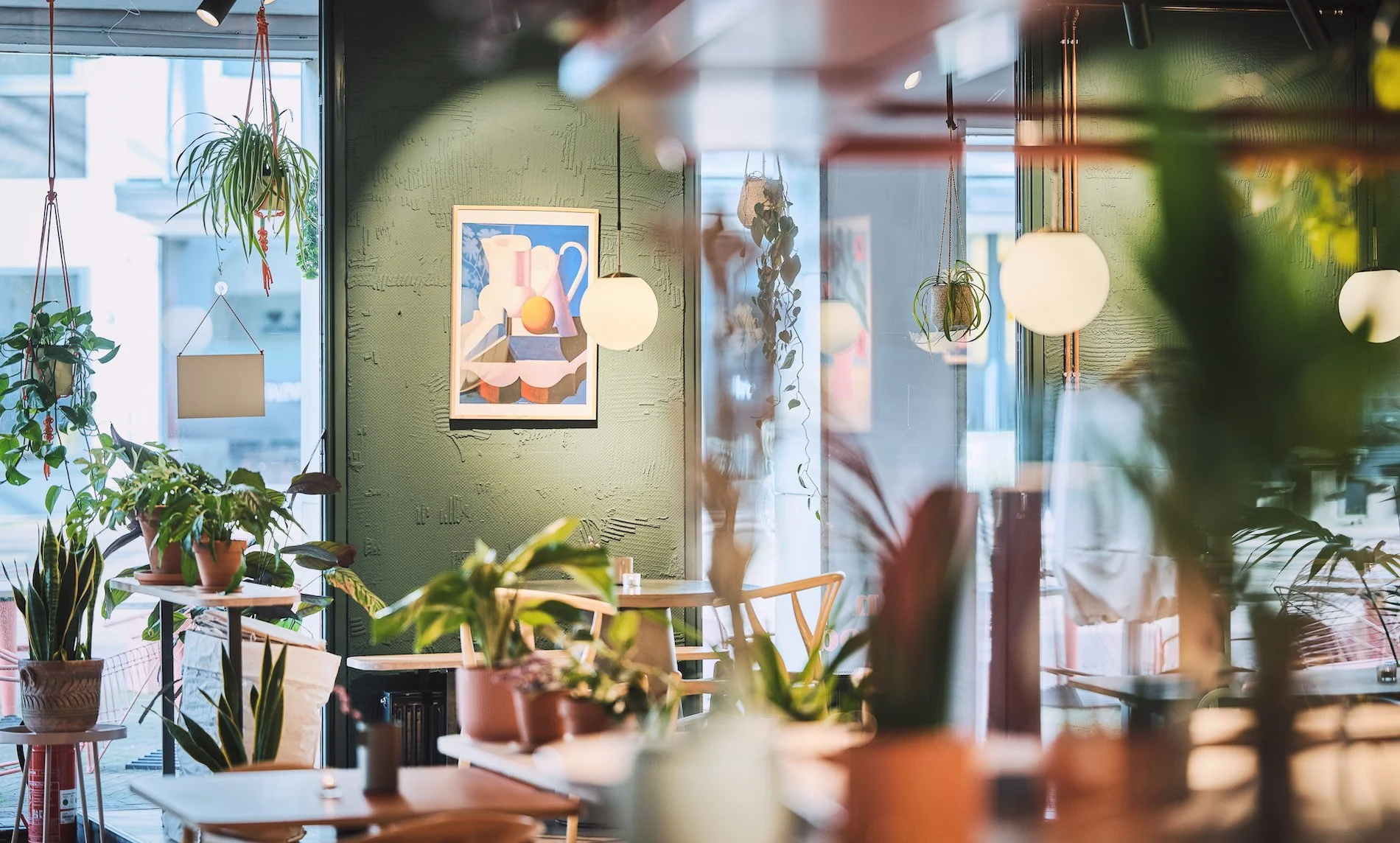 Nonna's Bielefeld. Nonna Interior of a cozy cafe with green walls, hanging plants, and a framed abstract painting. Sunlight filters through large windows, illuminating the space filled with various potted plants and wooden furniture.