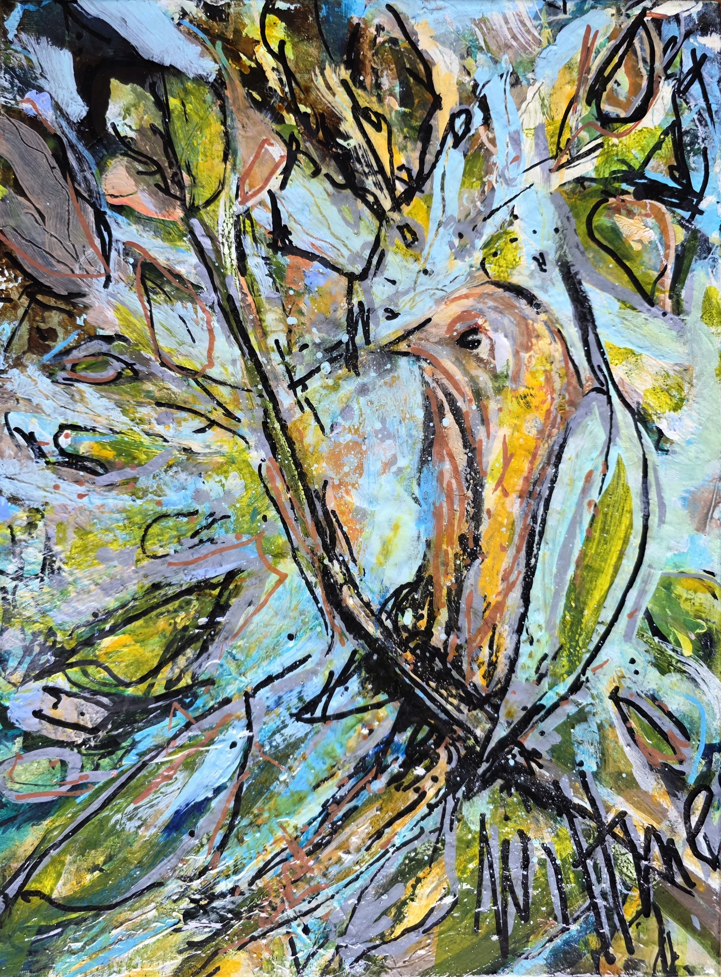 Abstraktes Gemälde "Alpenpapagei" von Victoria Wittmer, Acryl auf Leinwand.