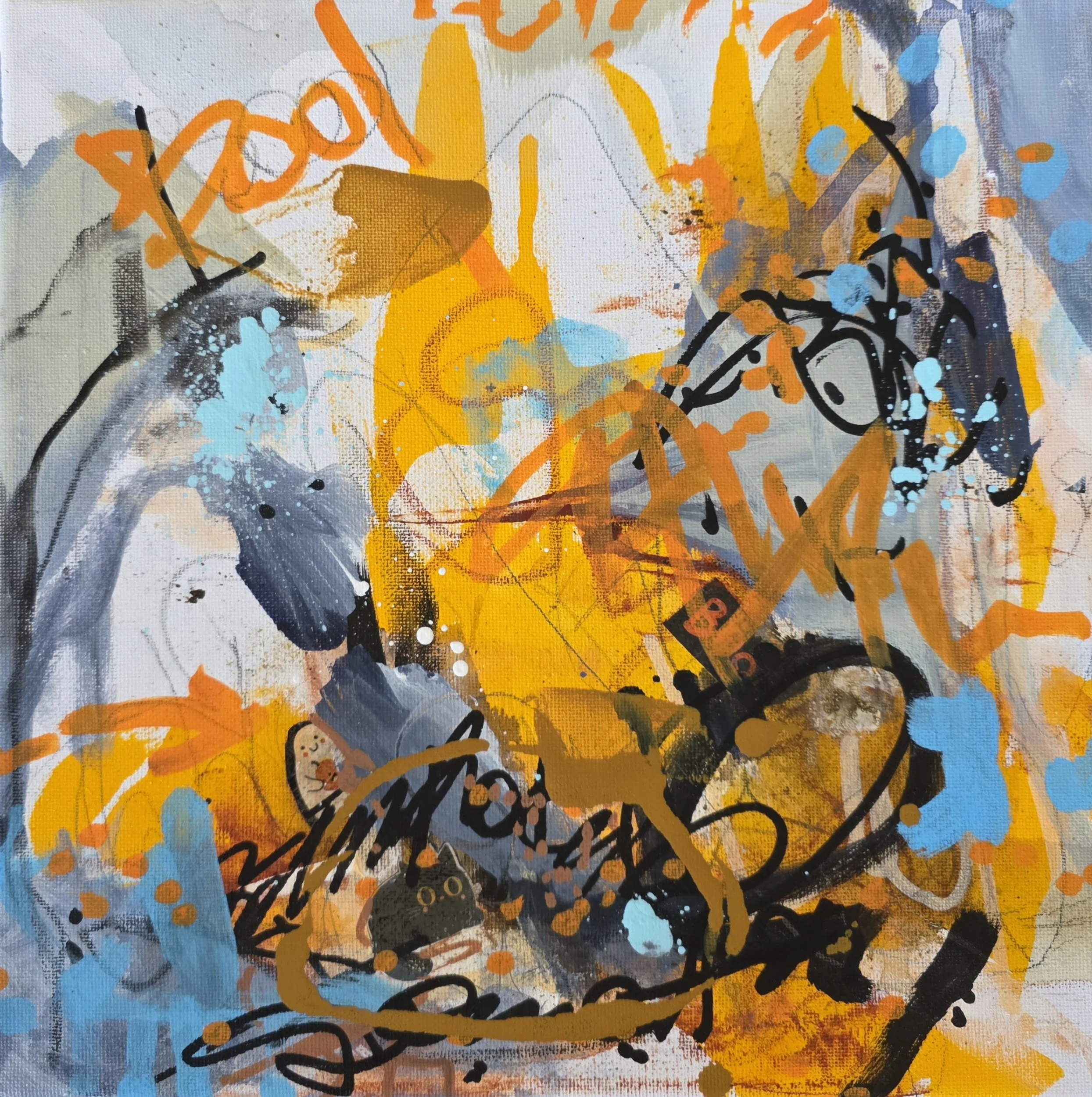 Abstraktes Gemälde "3× schwarzer Kater" von Victoria Wittmer, Acryl auf Leinwand.