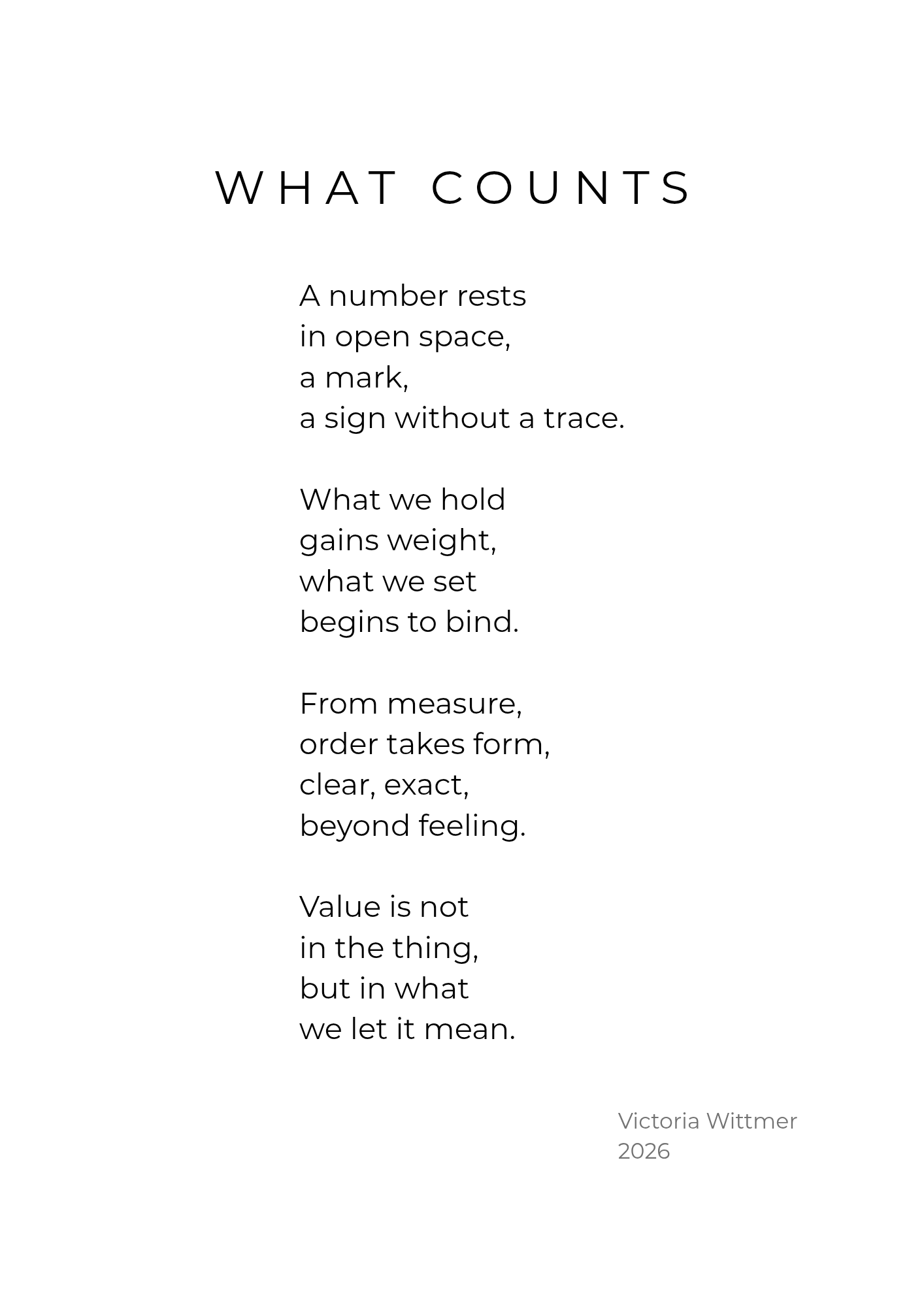 Typographic text artwork “What Counts” by Victoria Wittmer.