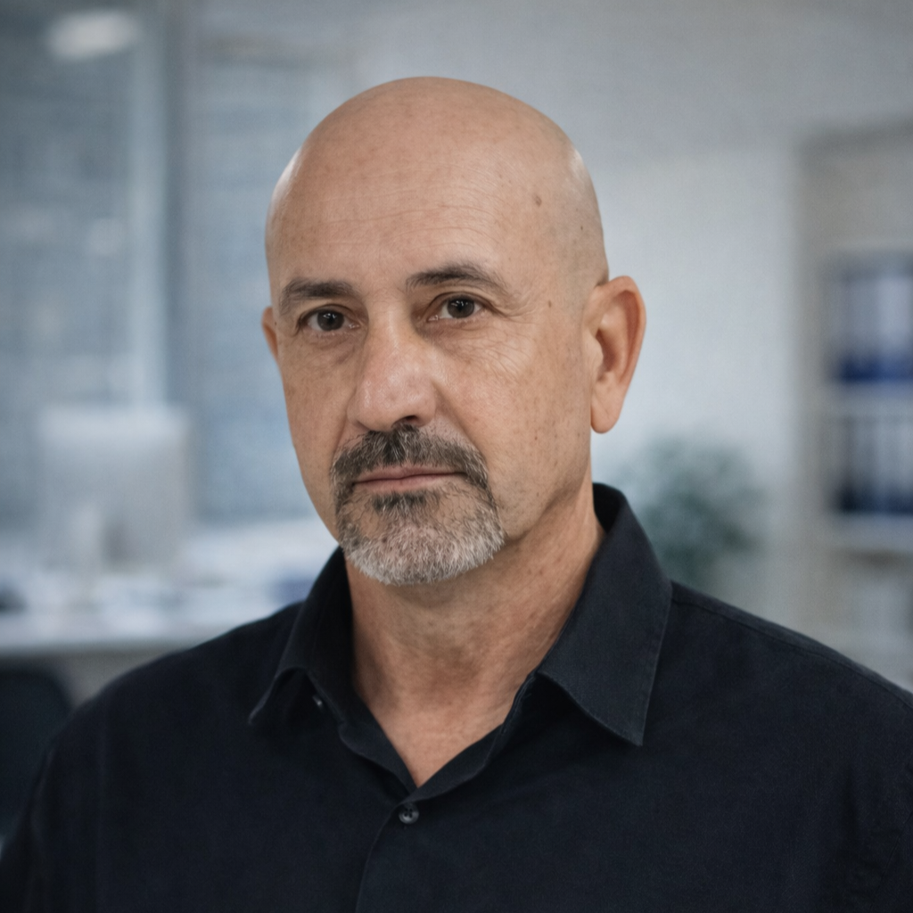 A middle-aged man with a bald head and gray beard wearing a black collared shirt in an indoor setting.