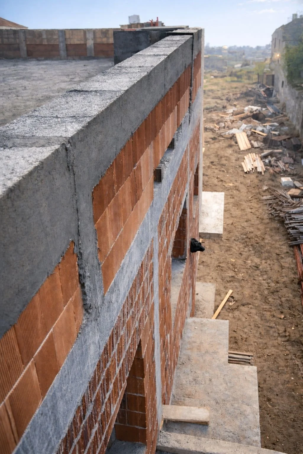 A high-angle view of a brick and concrete wall under construction on a building site, with construction materials scattered around and a dirt ground.