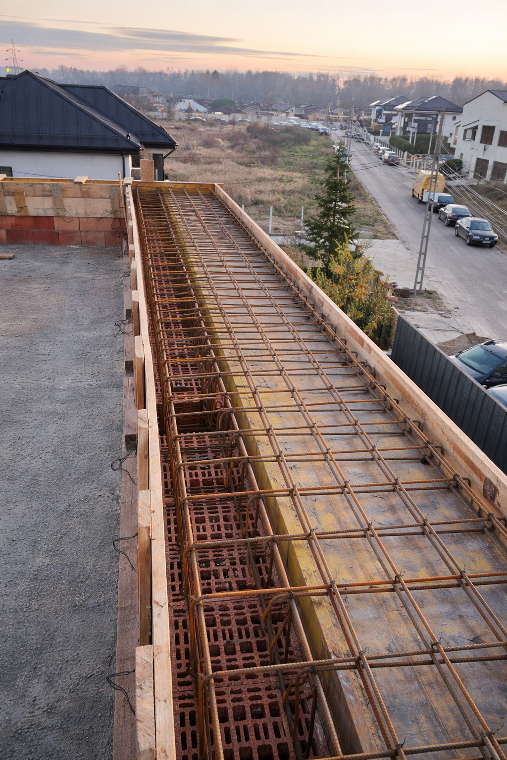 View of a construction site with rebar and wooden framing for a concrete slab or wall on a building, overlooking a neighborhood at sunset.