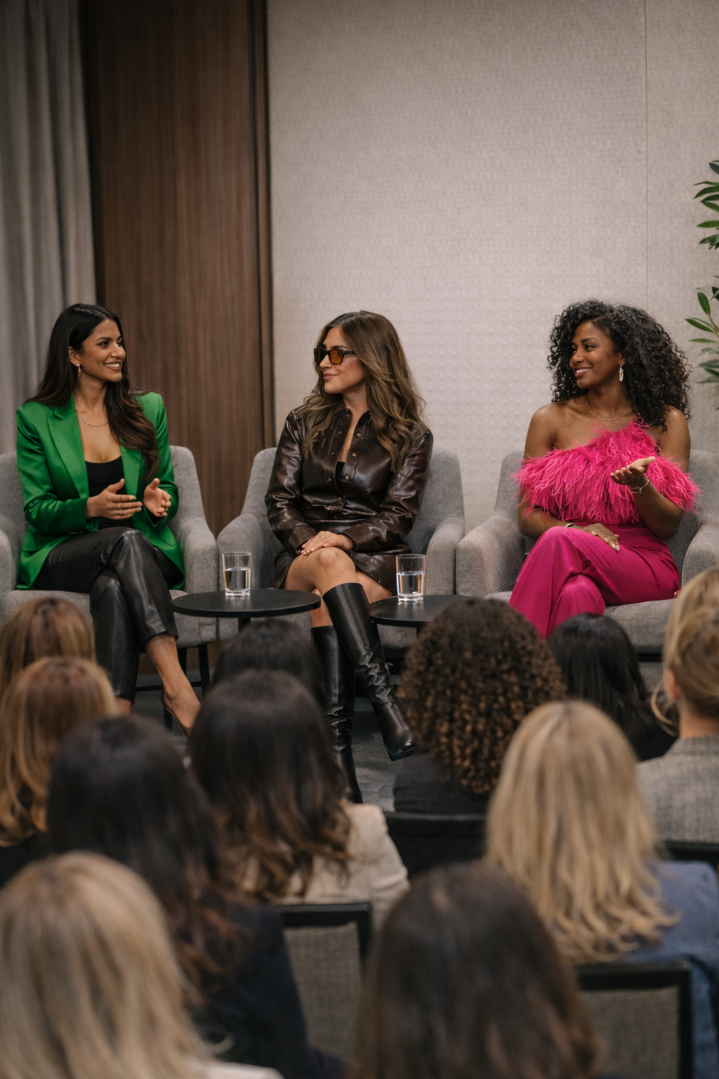 Three women sitting on a panel in front of an audience during a discussion or event. They are engaged in conversation, with one woman speaking. There are glasses of water on small tables beside them.