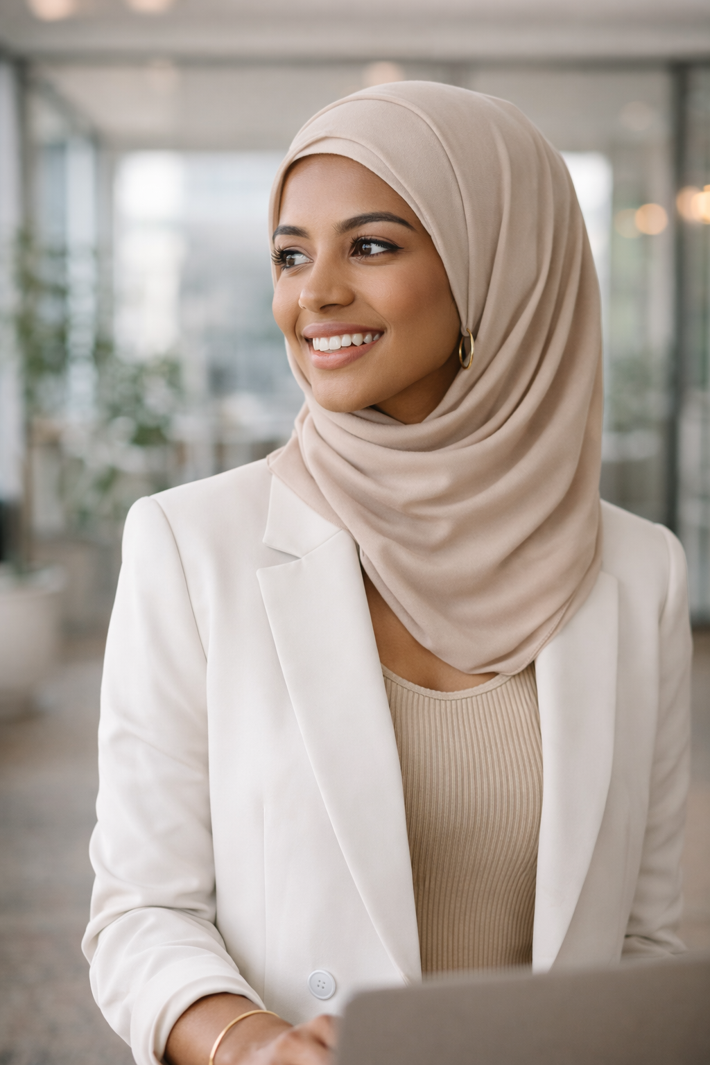 A smiling woman wearing a beige hijab and white blazer in an office or modern indoor space.