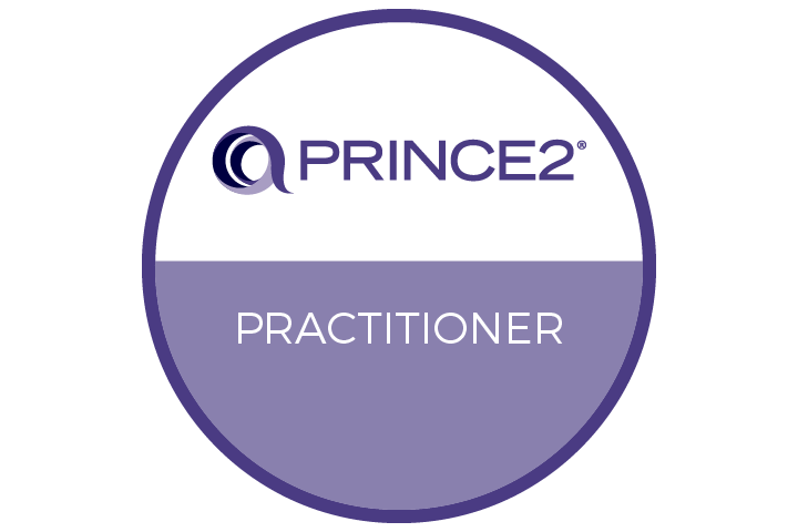 A circular logo for PRINCE2 Practitioner certifications, with the PRINCE2 logo at the top and the word 'PRACTITIONER' underneath, set on a purple background.