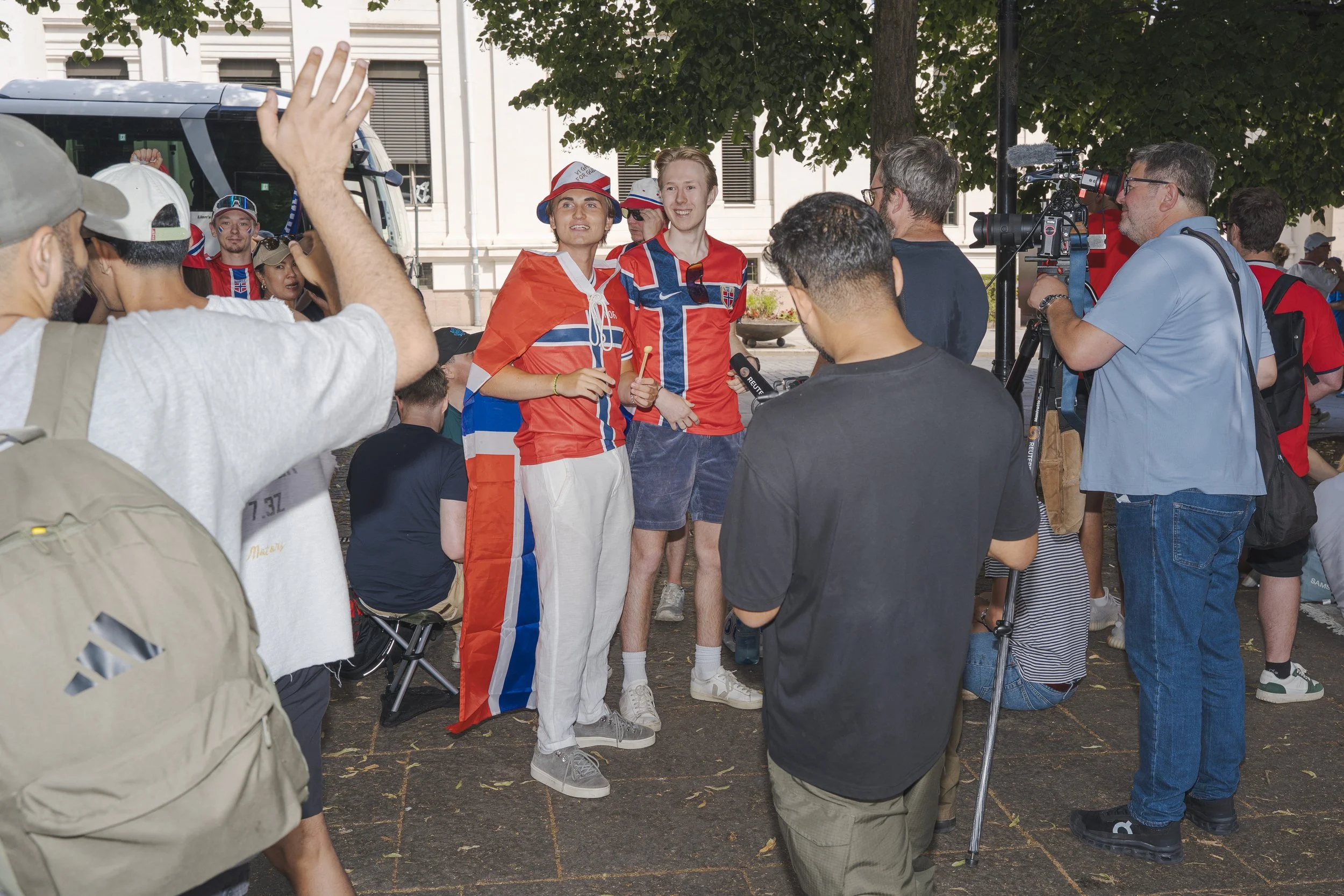 Norway football fans during world cup 2026 in Oslo being interviewed by Reuters