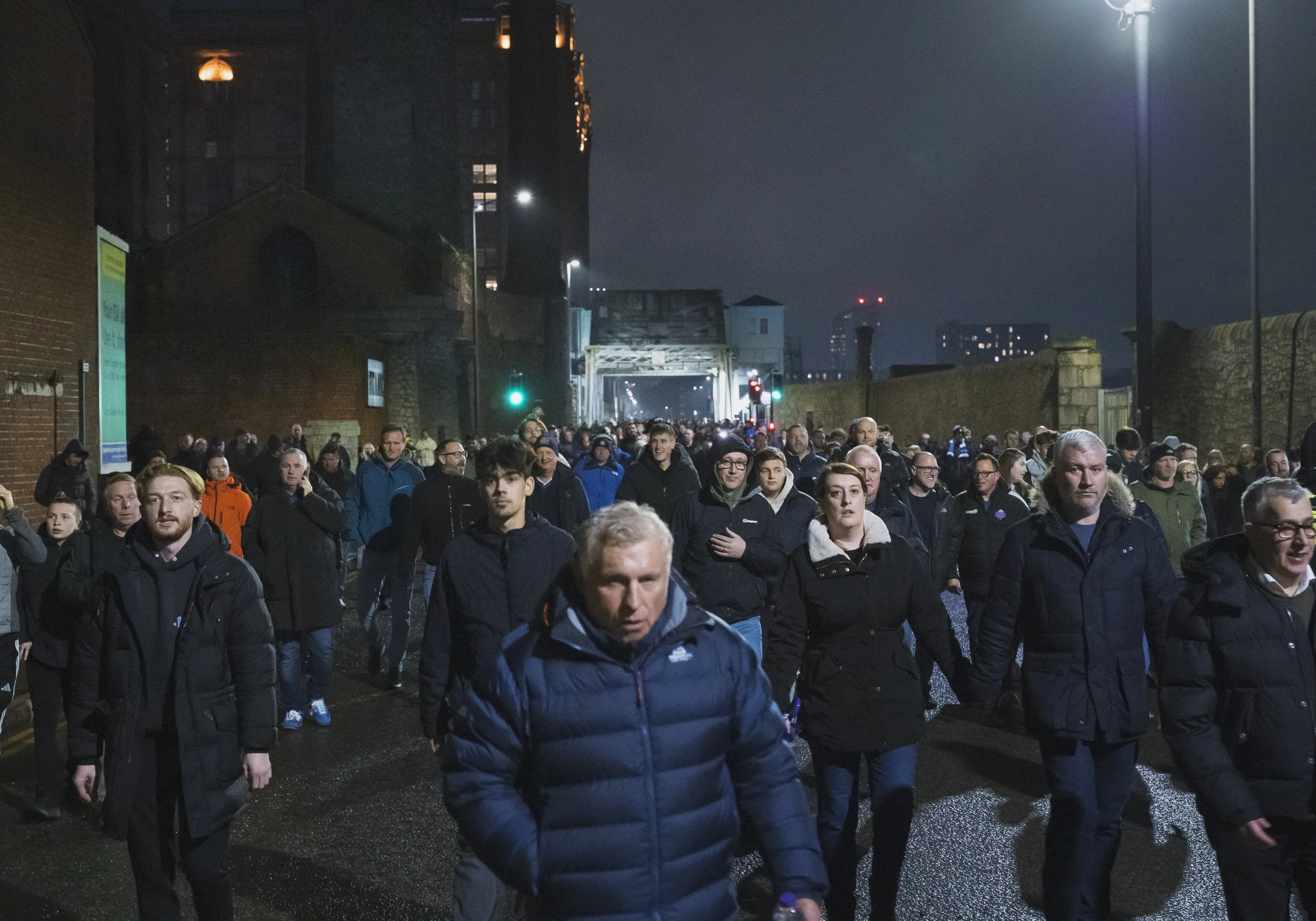 Evertonians walking to Hill Dickinson Stadium before game against Manchester United.