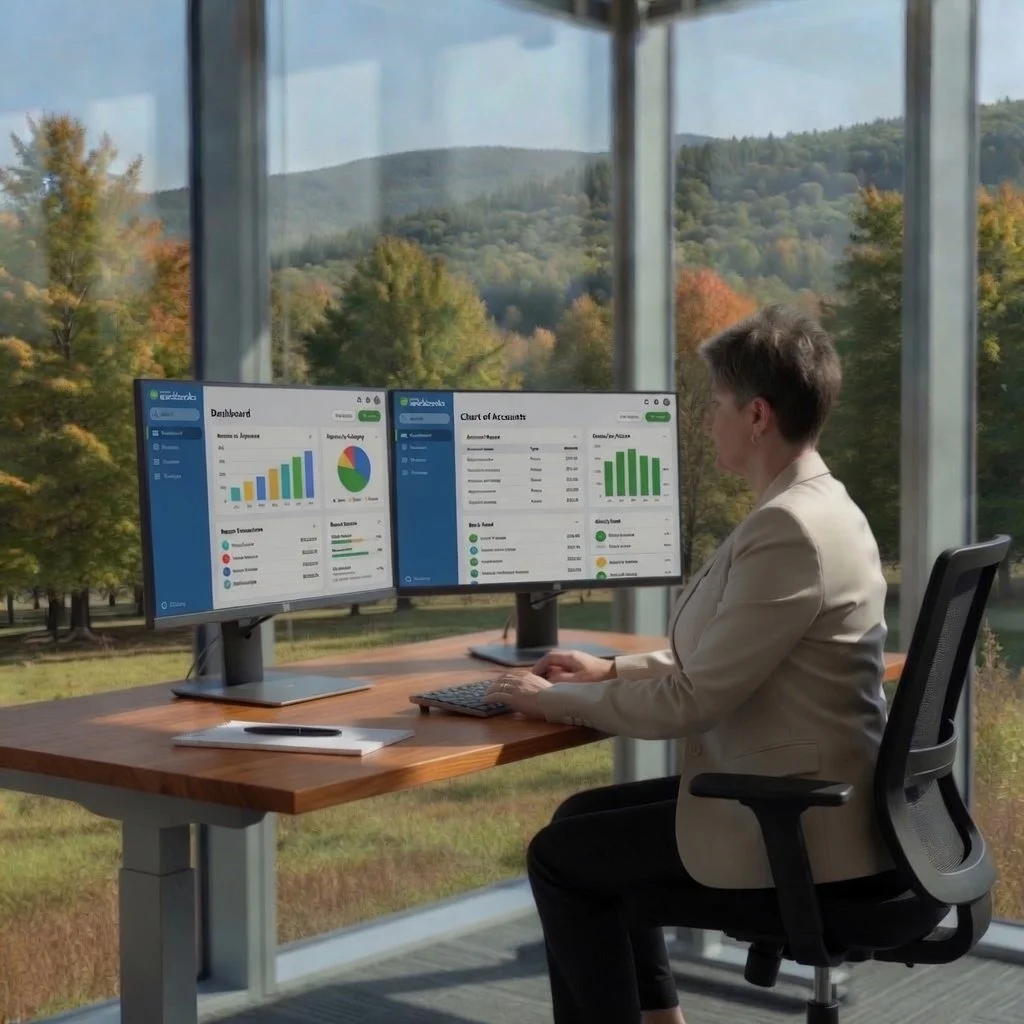 A woman in a beige blazer working at a desk with dual computer monitors displaying data dashboards, in a room with large glass windows showing a scenic view of trees and mountains.