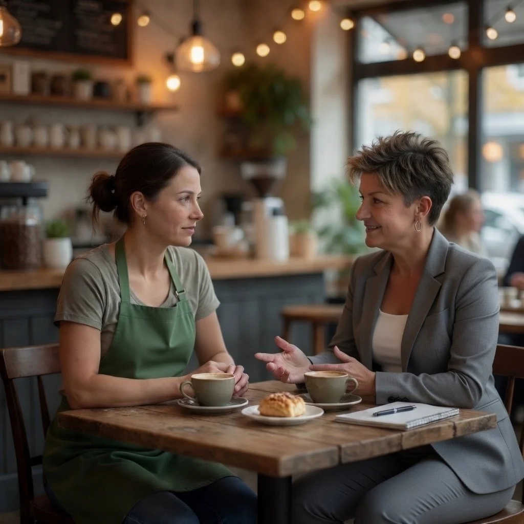 Two women are sitting at a wooden table in a cozy coffee shop, engaged in a conversation. One is wearing a green apron and a beige t-shirt, and the other is in a gray blazer. There are two coffee cups and a plate with a pastry on the table, with a notebook and pen nearby. The background is warm and inviting with hanging lights and shelves with cups and plants.