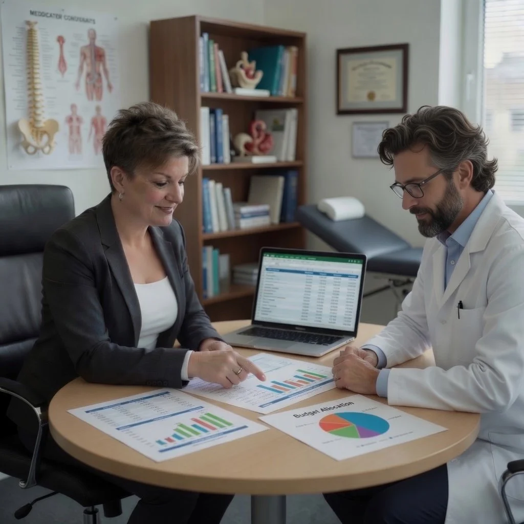Nina Guidi and a male doctor in a medical office reviewing charts and data on paper and a laptop.