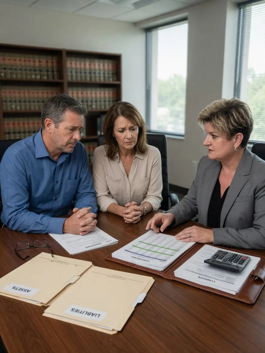 Three people sitting around a desk in a meeting room, reviewing documents with folders labeled 'LABOUR' and 'ASSETS', during daytime.