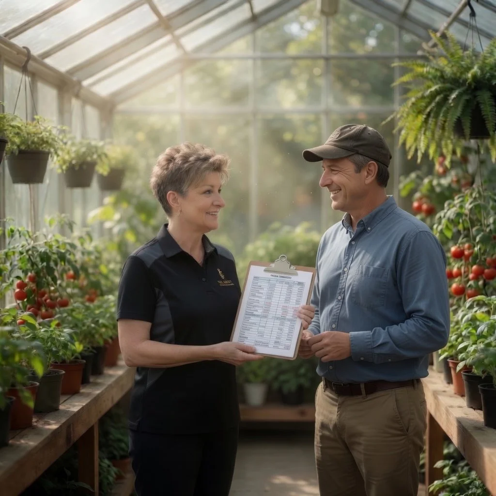 A woman and a man in a greenhouse look at a clipboard, smiling, surrounded by potted tomato plants.
