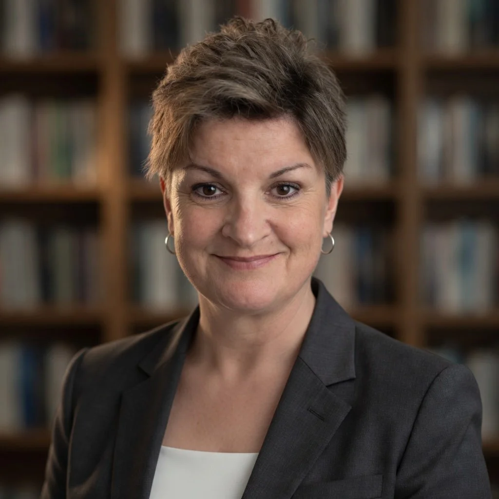 Nina Guidi with short hair, wearing a dark blazer and earrings, smiling in front of a bookshelf filled with books.