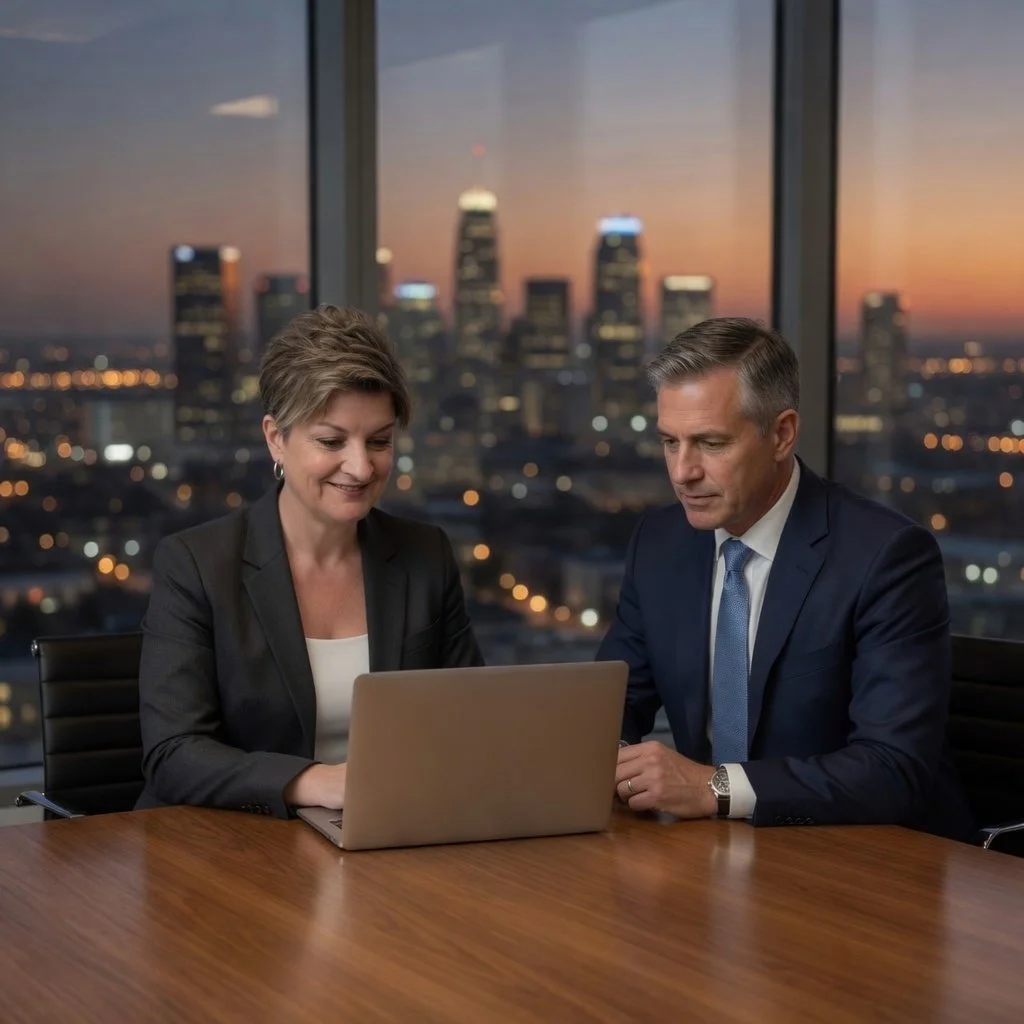 Nina Guidi and a businessman reviewing financials on a laptop at a wooden table with cityscape background