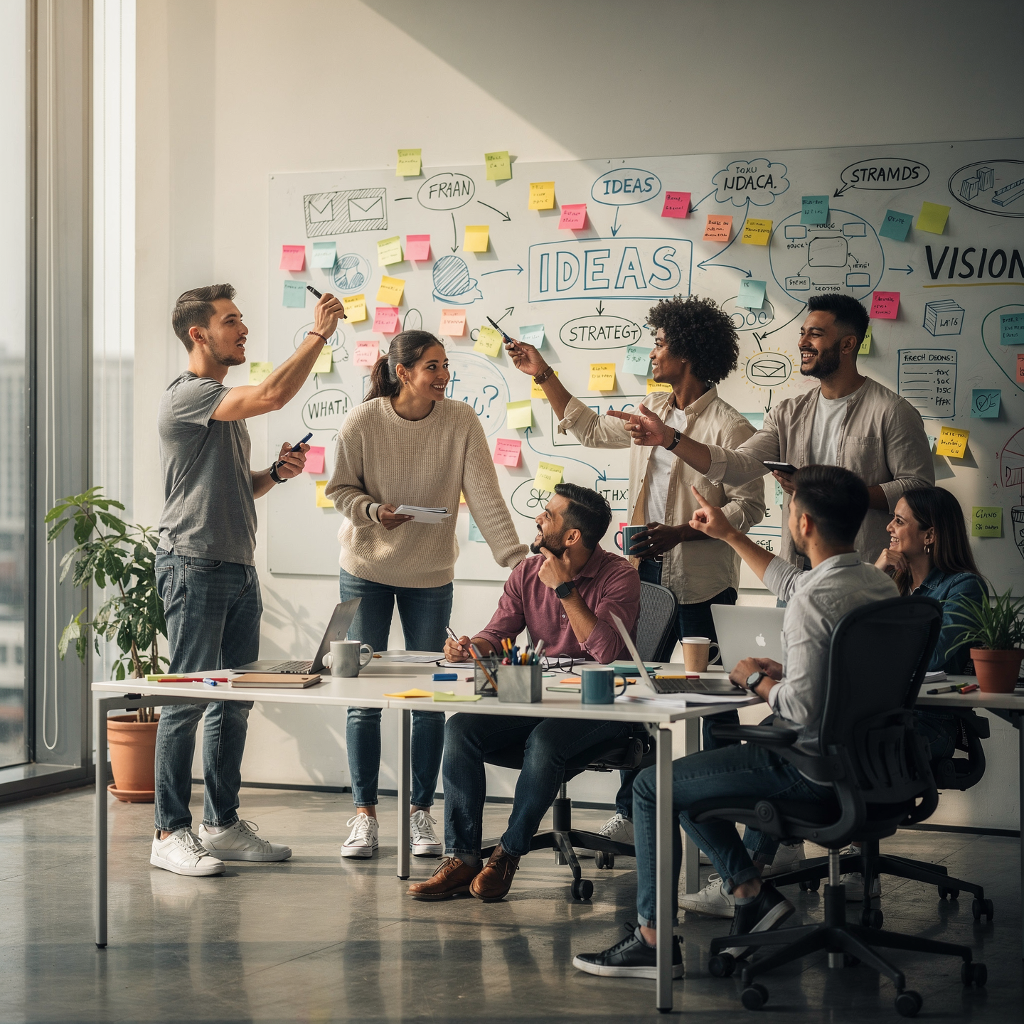 A diverse group of people collaborating in a modern office, brainstorming around a whiteboard filled with ideas, sticky notes, and diagrams.