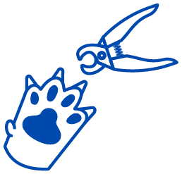 A blue cartoon drawing of a paw, and nail clippers.