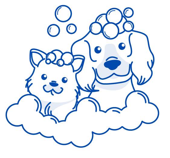 Illustration of a dog and a cat taking a bath together in a bathtub with bubbles and soap suds