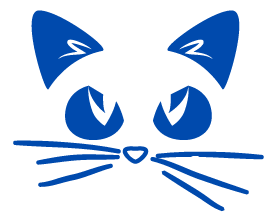 Simple blue and white illustration of a cat's face with pointy ears, almond-shaped eyes, a small nose, and whiskers.