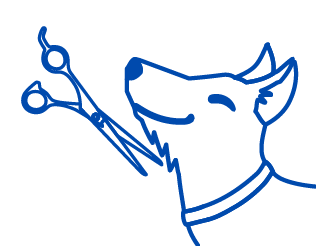 Line drawing of a dog's afce being trimmed with scissors.