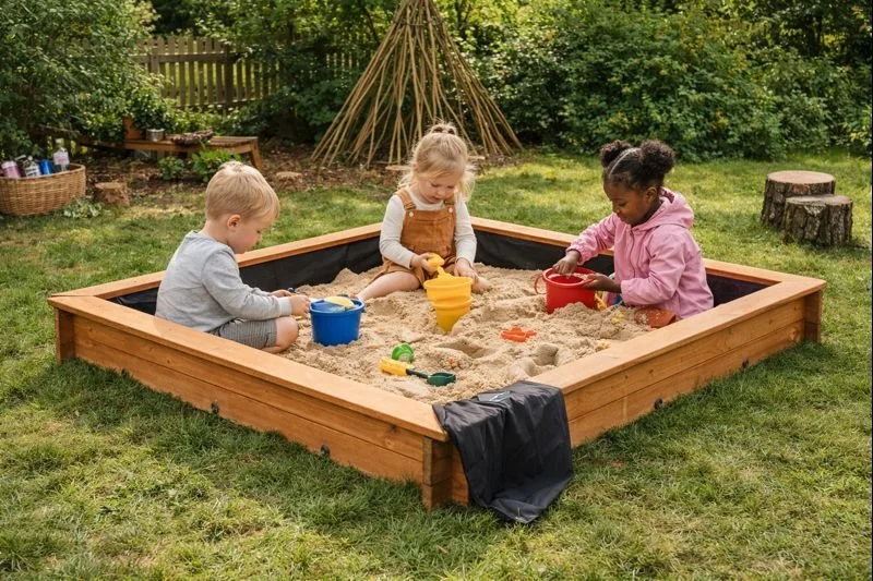 Dig, Pour & Regulate Sensory Sand Pit – Square Wooden Sandpit with Cover