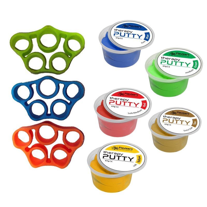 *Bundle* silicone finger hand strengtheners in 3 strengths and therapy putty squeezable in 5 strengths