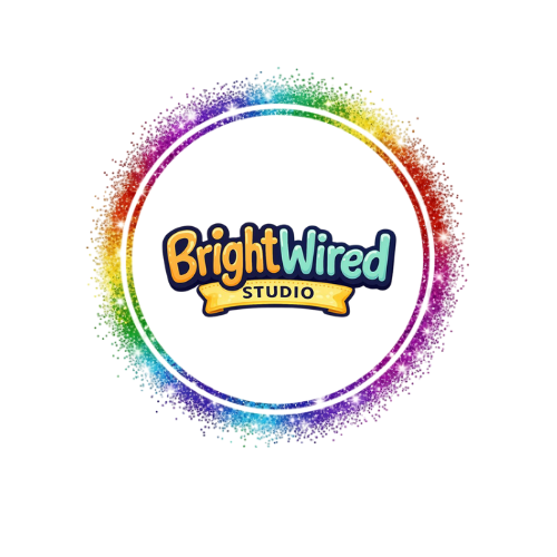 Colorful logo for Bright Wired Studio with a rainbow-colored circular border around the text.Free delivery, sensory items, SEND support, adhd, autism, uk based sensory products bright wired studio, neurodiverse child support.