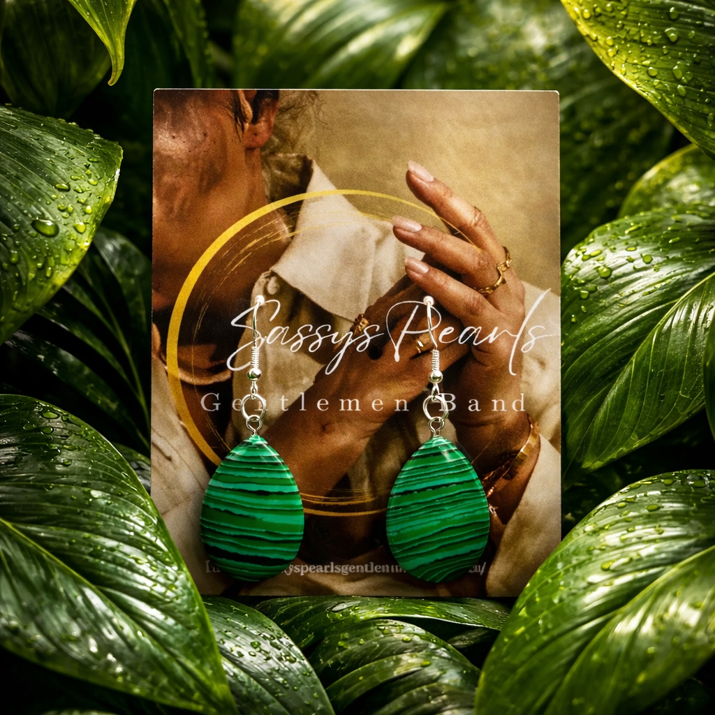 TD002 Sassy's Pearls Gentlemen Band Synthetic Malachite Hyperallergic  Earrings