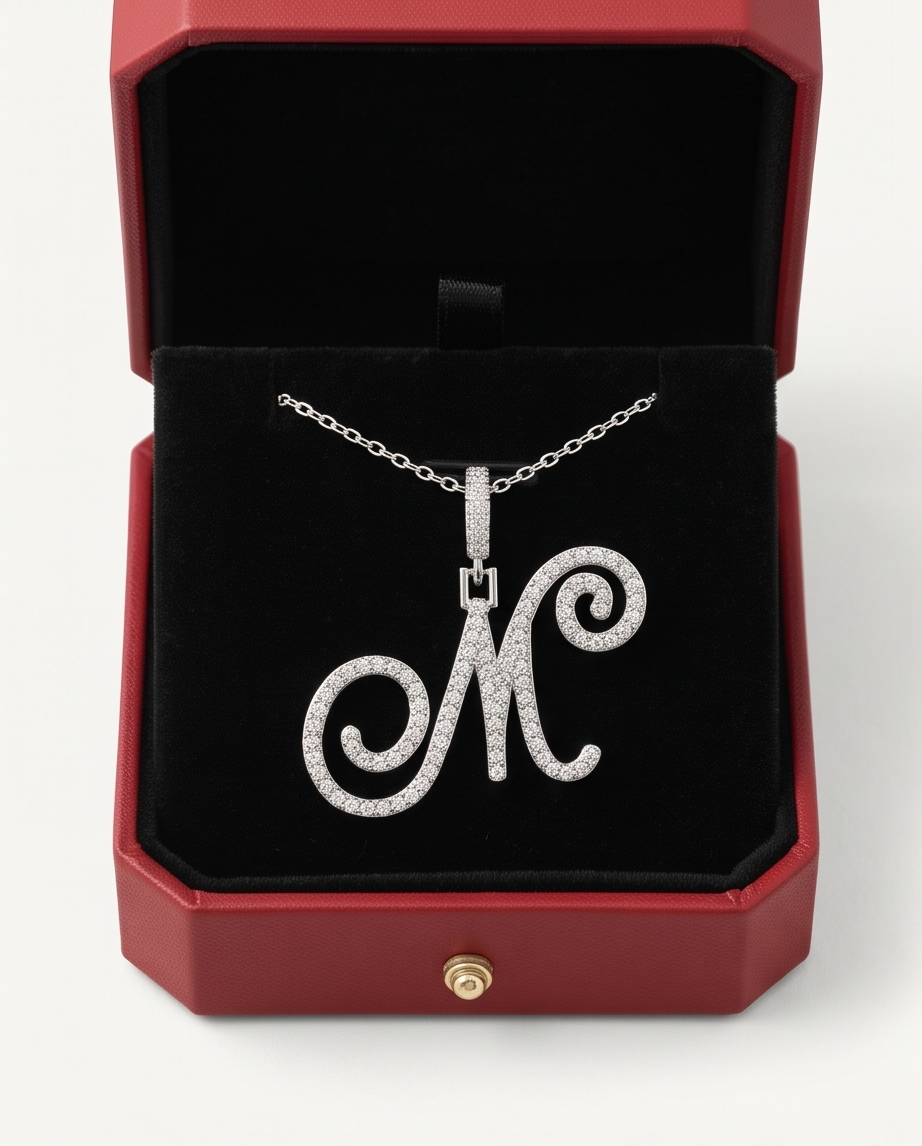 Large Multi-Cubic Zirconia Shaped Letter "M" With Red Box and Option for Herringbone Necklace (Limited of Edition)