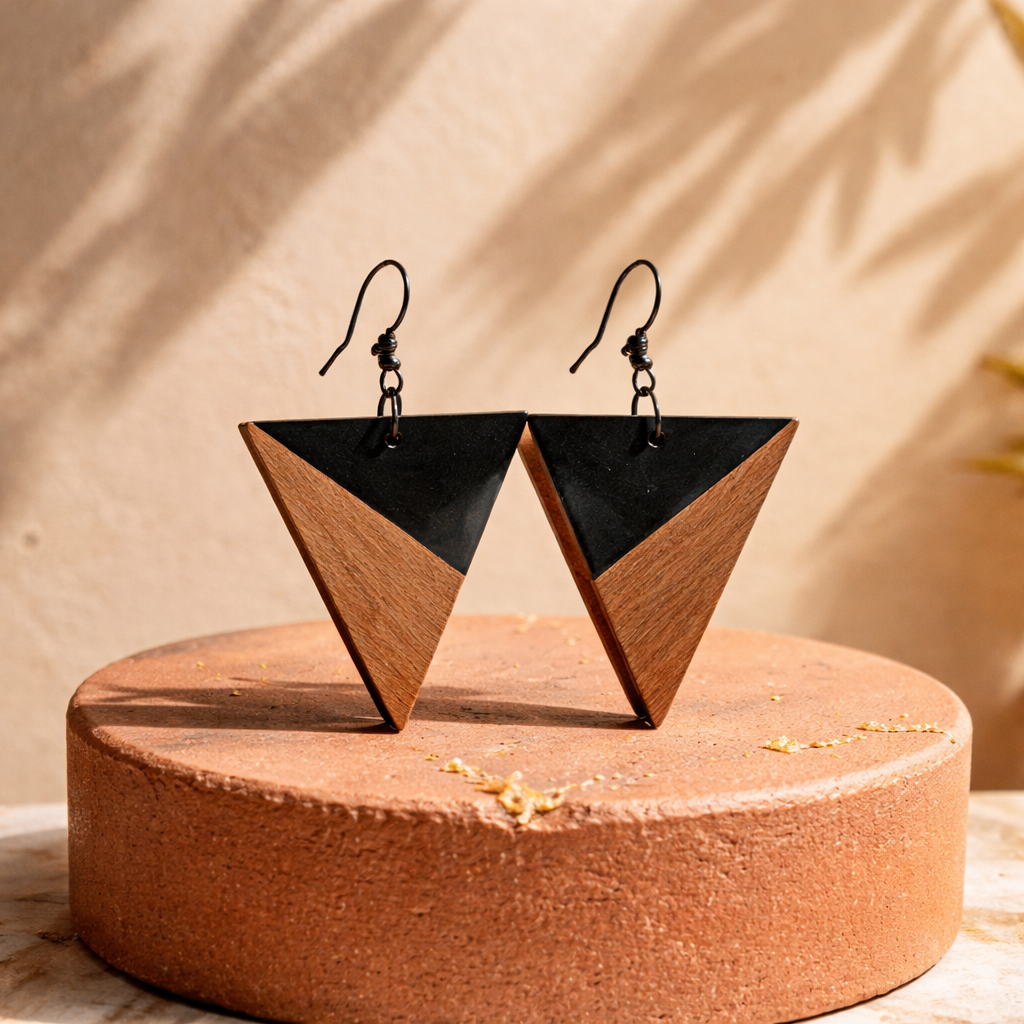 E15 Geometric Wooden Triangular Earrings
