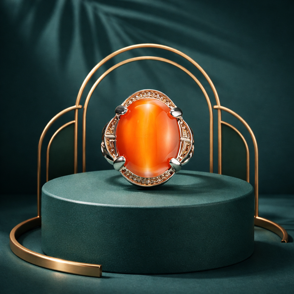 SR922 Stunning Orange Gemstone Cocktail Silver Ring  Only Size-7