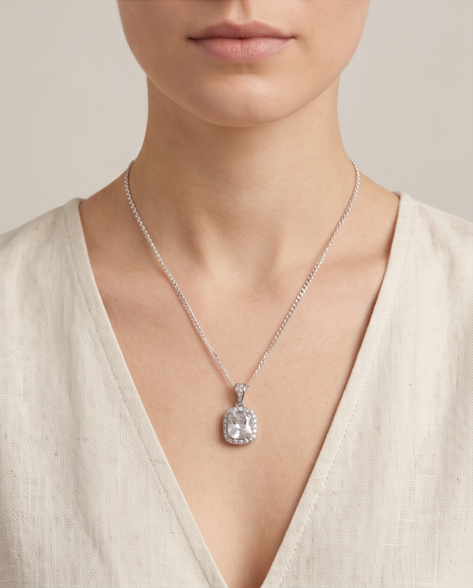 Cushion-Cut Crystal Pendant Necklace