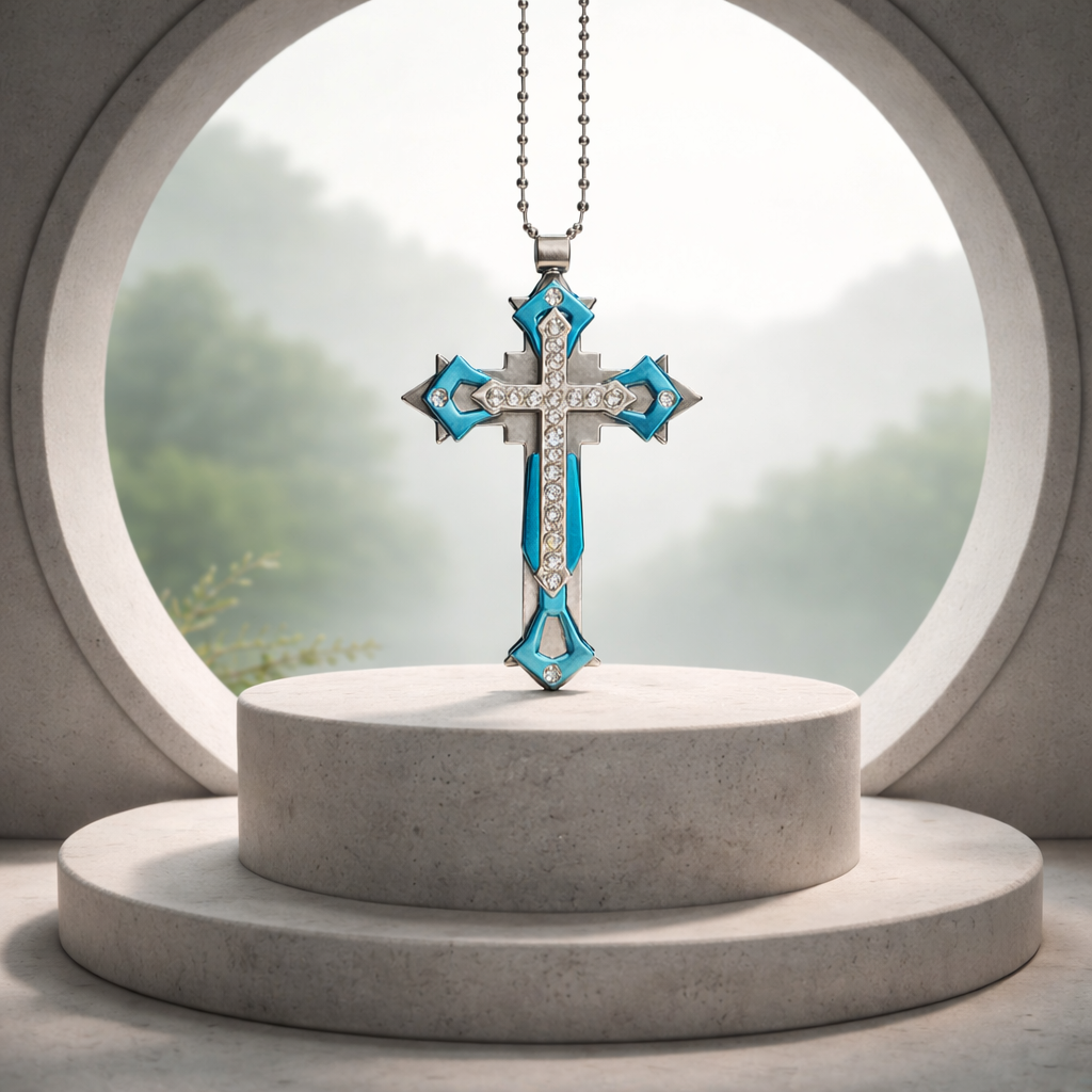 D04 Turquoise and Crystal Cross Necklace