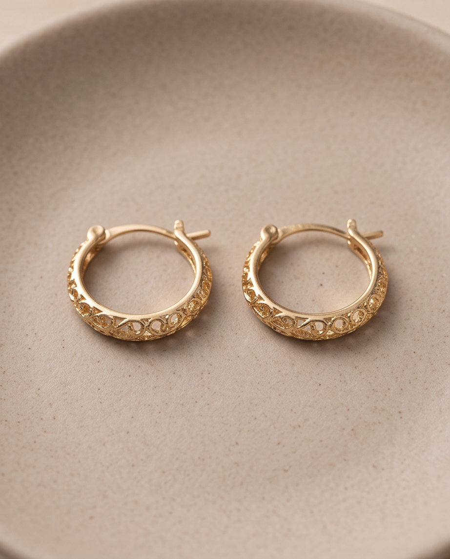 ER018 Mini Vintage Gold Filigree Hoop Earrings