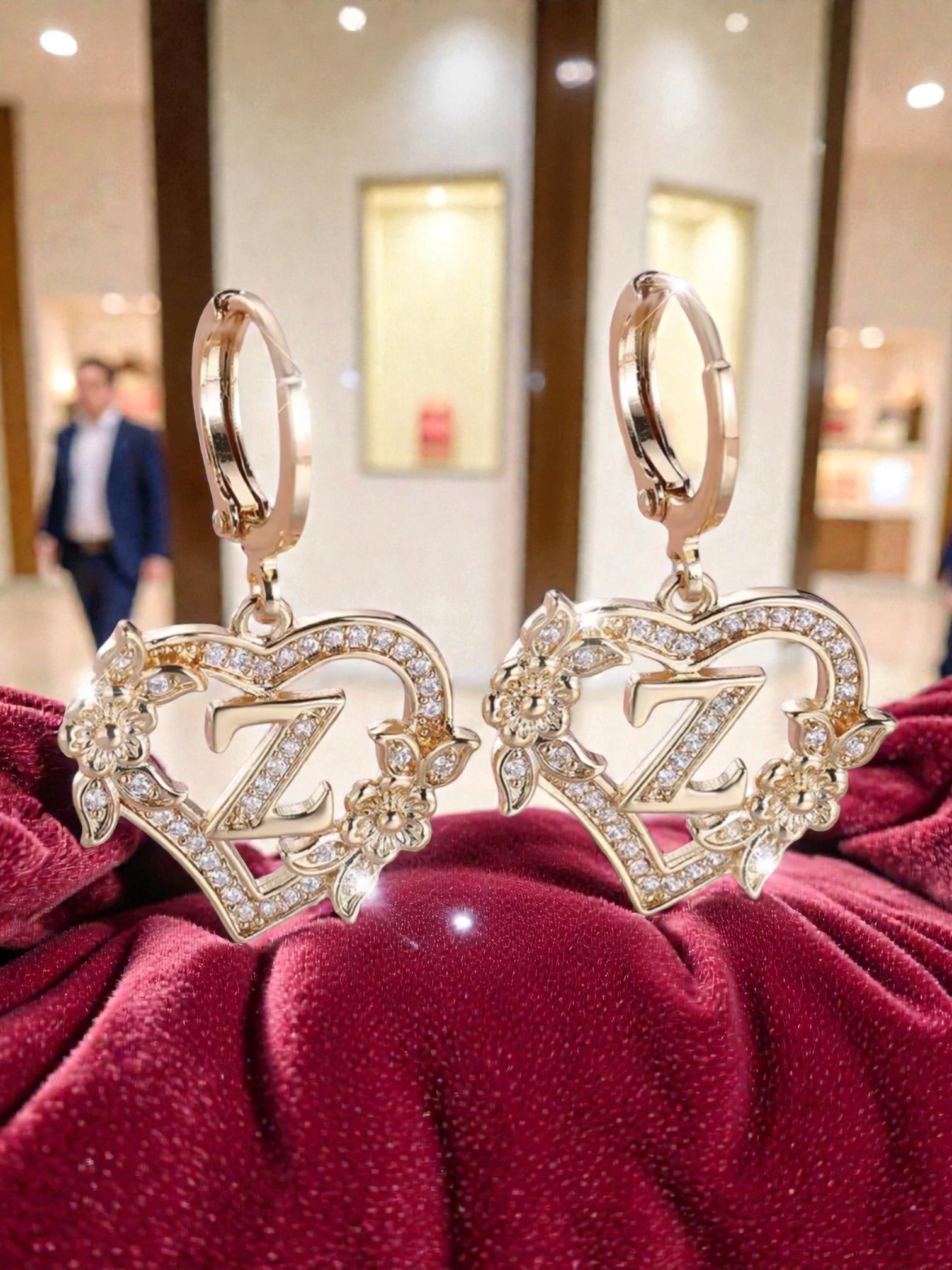 Sassy's Pearls & Gentlemen Band'S Floral Initial "Z" Hoop Earrings; Personalized Heart Earrings