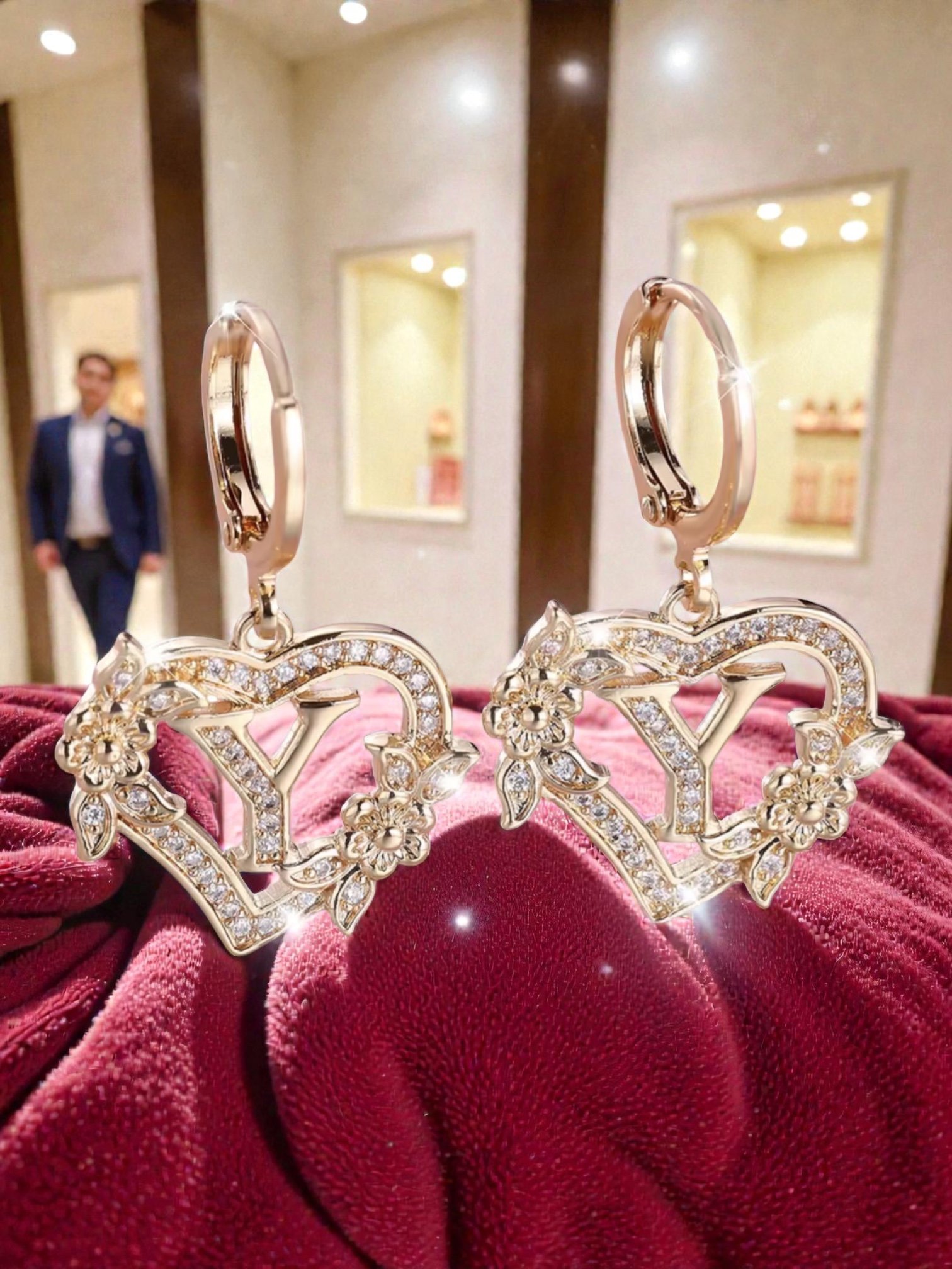 L125 Sassy's Pearls & Gentlemen Band'S Floral Initial "Y" Hoop Earrings; Crystal Heart & Floral Earrings