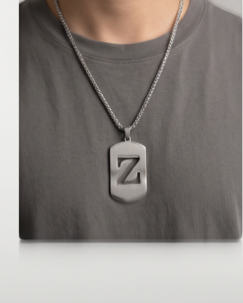 20' Diamond Cut Mirror Cut Out Alphabet initial "Z" Dog Tag Necklace