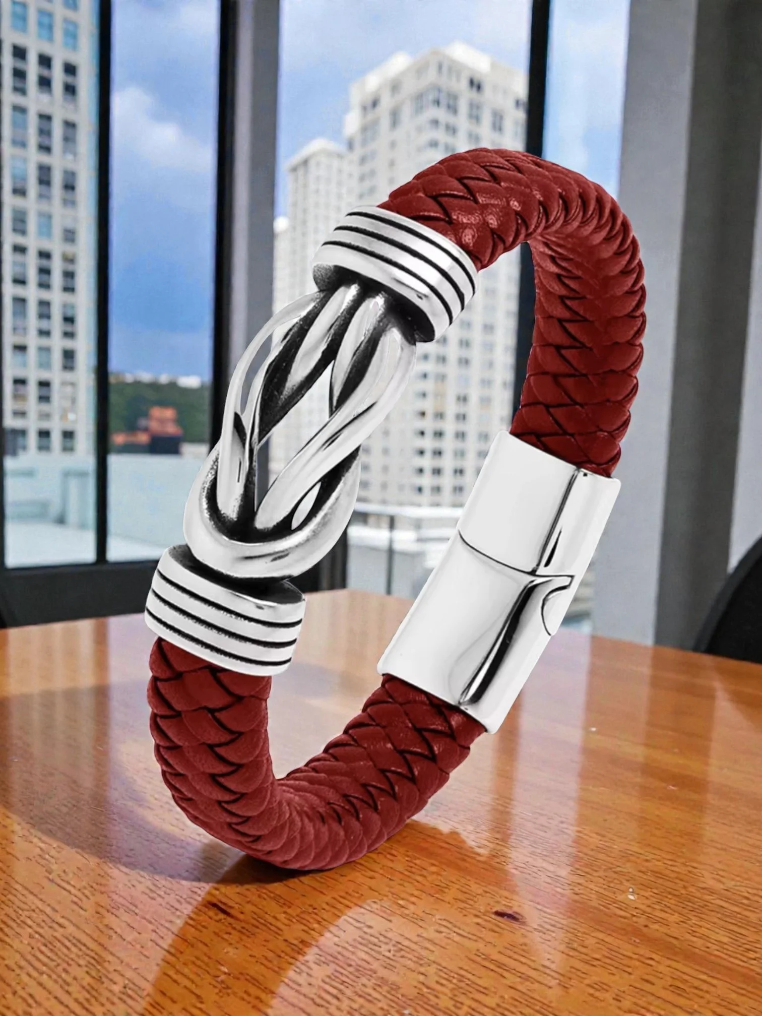 BL007 Red Infinity Leather Silver Clasp Bracelet Leather Bracelet with Stainless Steel Clasp