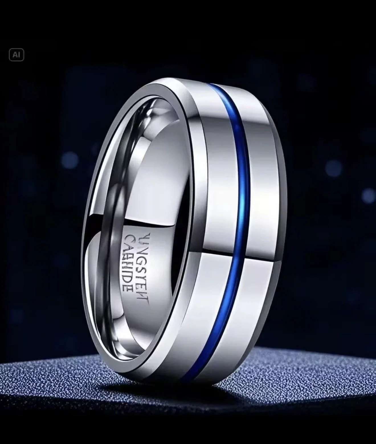 BB004 Sasses Tungsten Carbide Ring with Blue Stripe:  Ring Box included