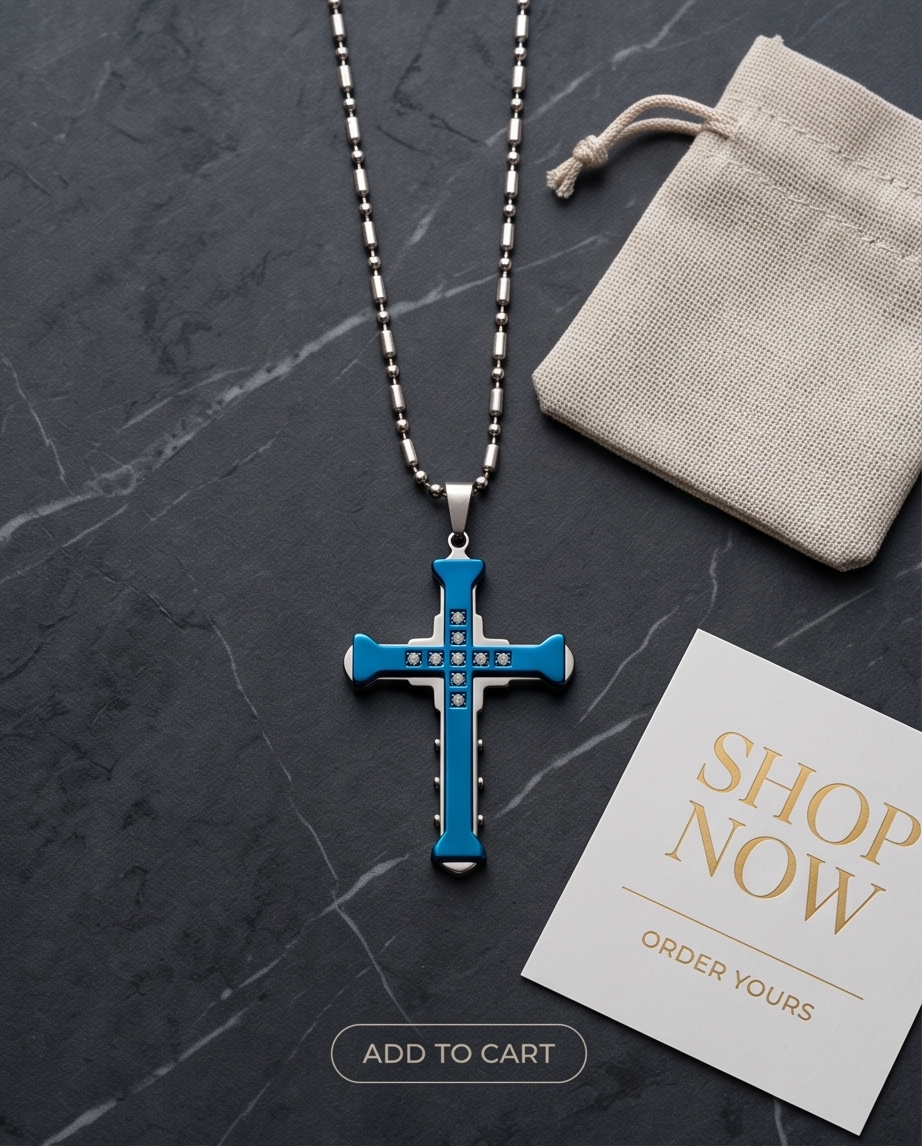 Stainless Steel Blue Cross Pendant Necklace with Cubic Zirconia