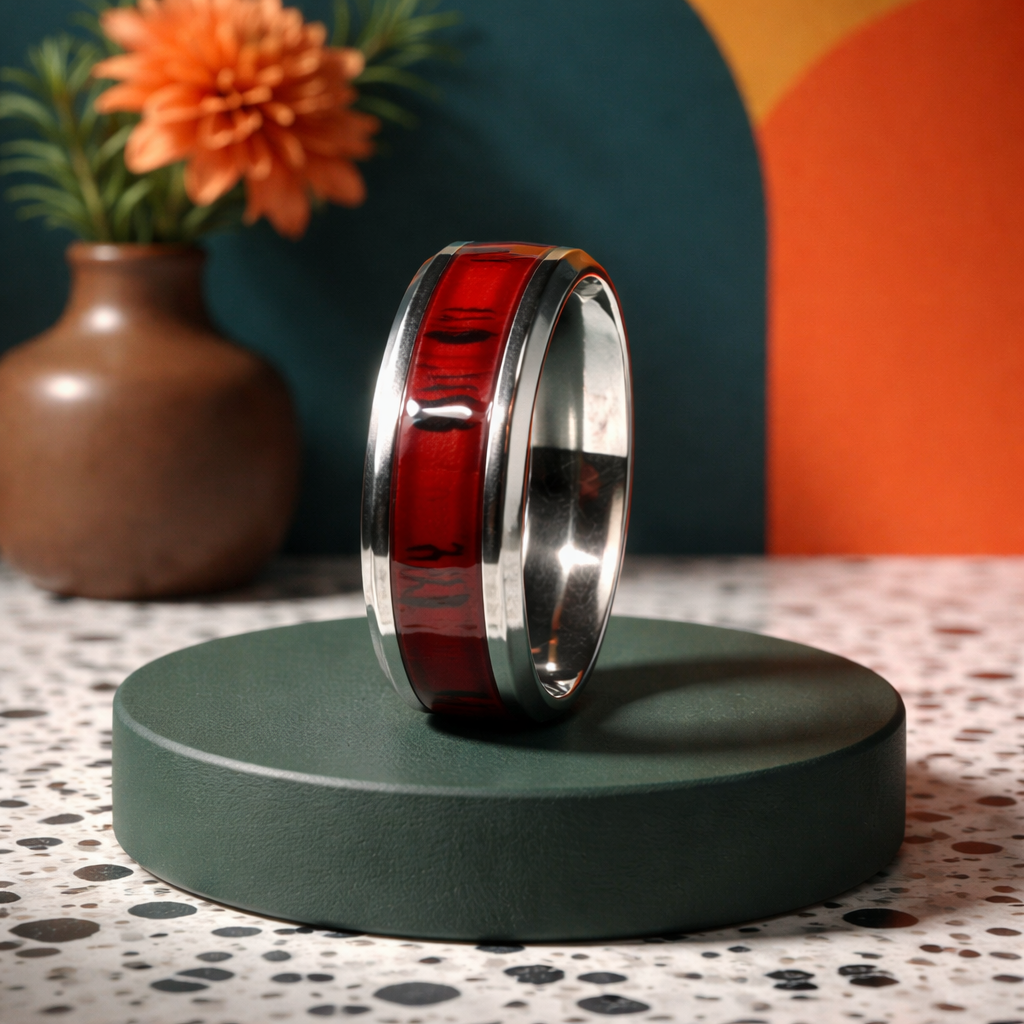 Bold Red Resin Inlaid Stainless Steel Ring