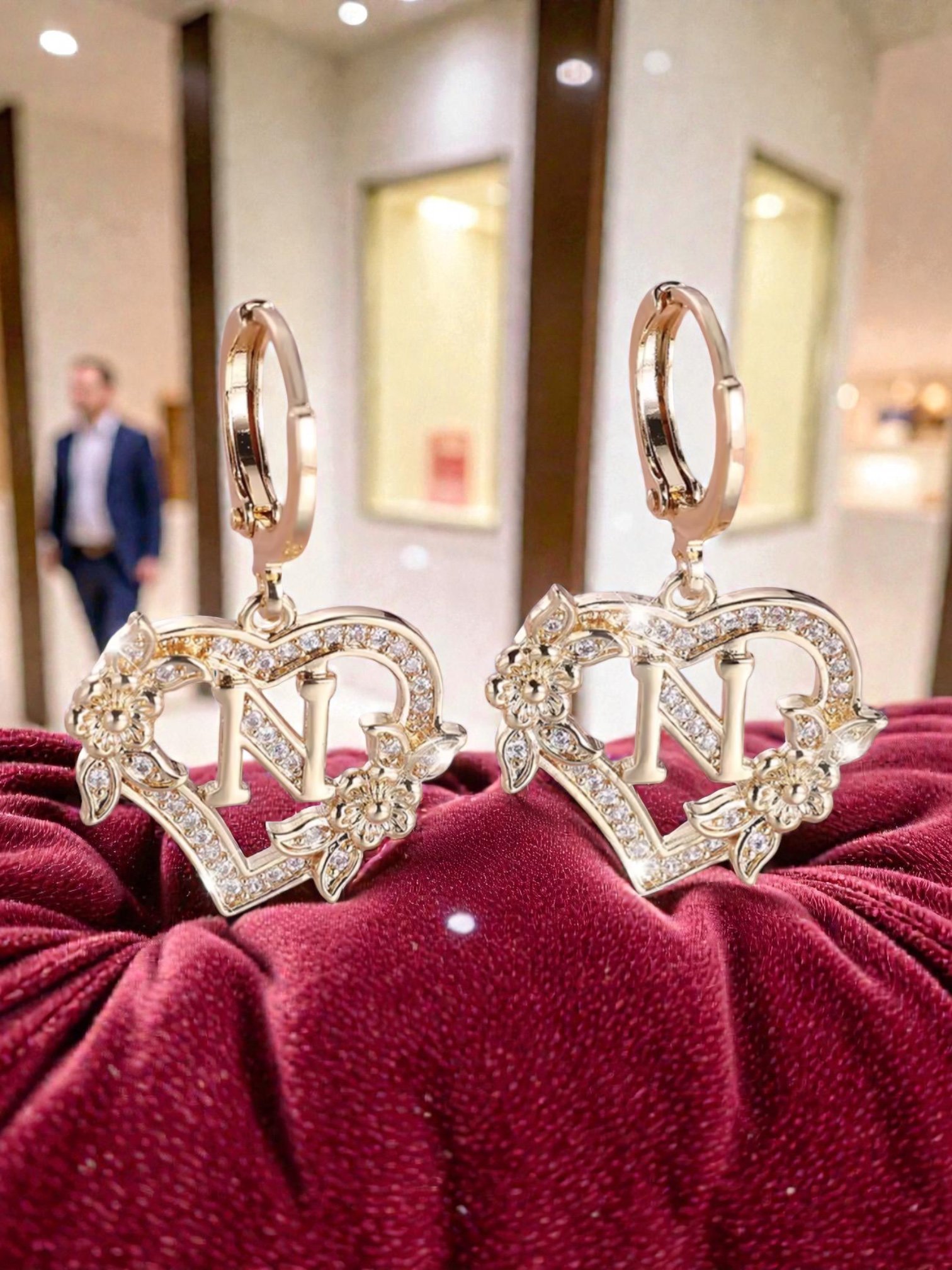 L114 Sassy's Pearls & Gentlemen Band'S Floral Initial "N" Hoop Earrings; Heart Hoop Earrings with Initial 'N'