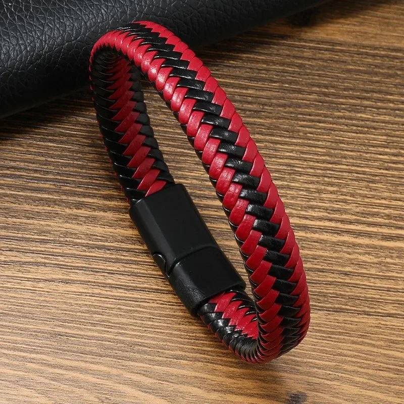 BL017 Red & Black Braided Leather Bracelet With Black Magnetic Clasp